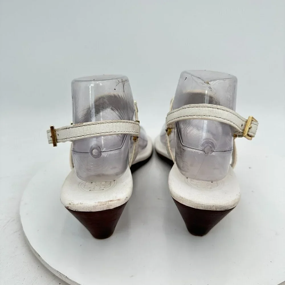 Tory Burch Women Size 8.5M White Leather Robinson T Strap Wedges Sandal